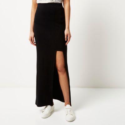 Black split jersey maxi skirt